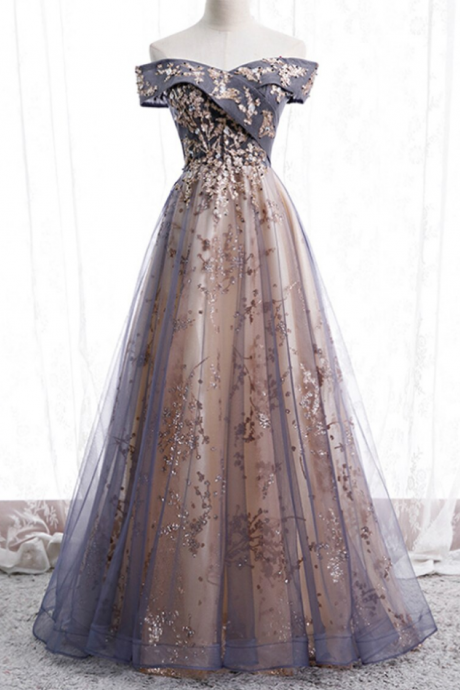 Tulle Sequins Beading Off The Shoulder Prom Dress