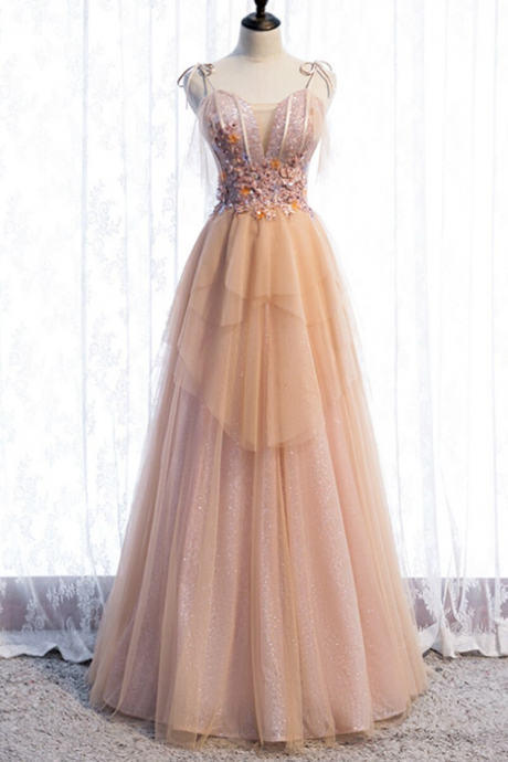 A-line Tulle Spaghetti Straps Beading Prom Dress