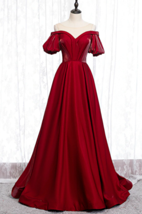 A-line Burgundy Satin Puff Sleeve Cold Shoulder Prom Dress