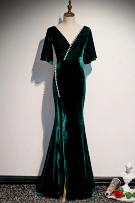 Mermaid Velvet Short Sleeve V-neck Prom Dress