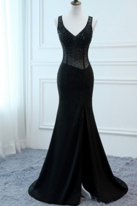 Black Prom Dresses Long Trumpet/mermaid V-neck Evening Dresses Foral Crystal Dress Women Formal Party Gown Fashionable Bride Gown