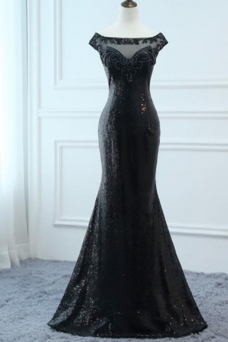 Black Sequin Prom Dresses Long Trumpet/mermaid V Bateau Evening Dresses Foral Crystal Dress Women Formal Party Gown Fashionable Bride Gown