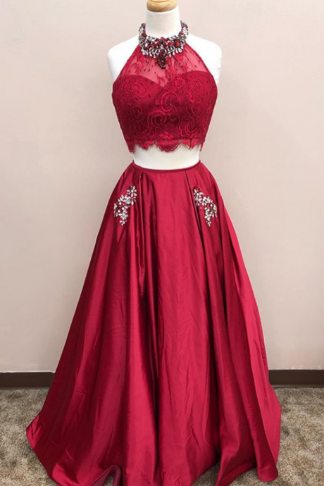 Lace Top Two Pieces Floor Length A-line Beading Homecoming Dress