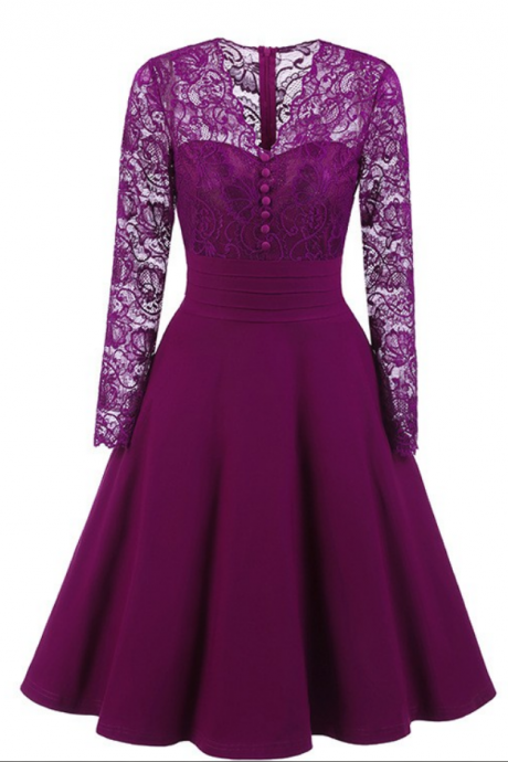 Fashion Vintage Style Long Sleeve Lace Party Prom Dress For Ladies