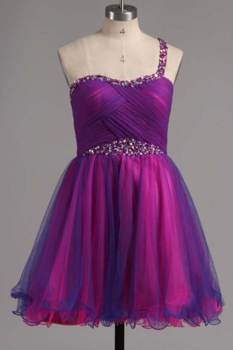 Custom Made Purple Crystal Embellished One-shoulder Chiffon A-line Short Cocktail Dress, Graduation Dress, Evening Dress, Homecoming Dress