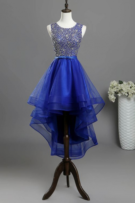 Royal Blue Tulle High Low Sequins Prom Dress, Homecoming Dress