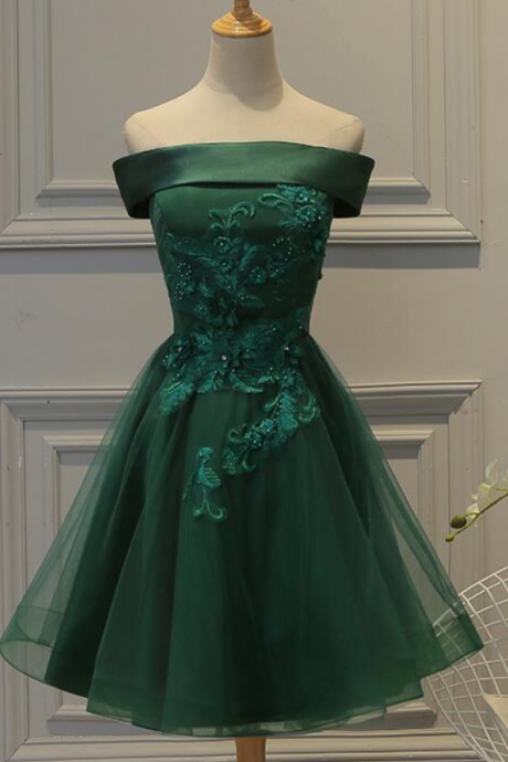 Lovely Off Shoulder Green Short Satin Party Dress with Lace Applique, Green Homecoming Dresses