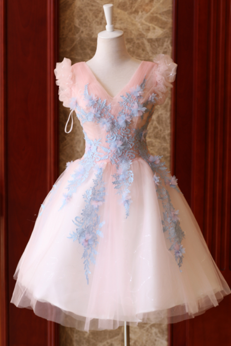 Cute Pink Tulle With Blue Flowers Lace Cute Short Prom Dress, Pink Homecoming Dresses
