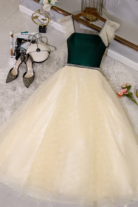 Champagne Lace And Green Satin Party Dresses Homecoming Dresses, Lovely Prom Dresses
