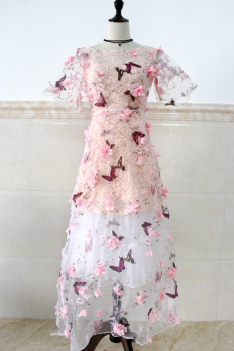 Charming Floral Long Lace Short Sleeves Party Dress, Cute Prom Dress