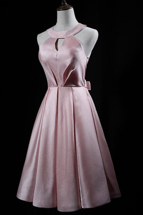 Pink Satin Knee Length Simple Bridesmaid Dress, Halter Short Prom Dress