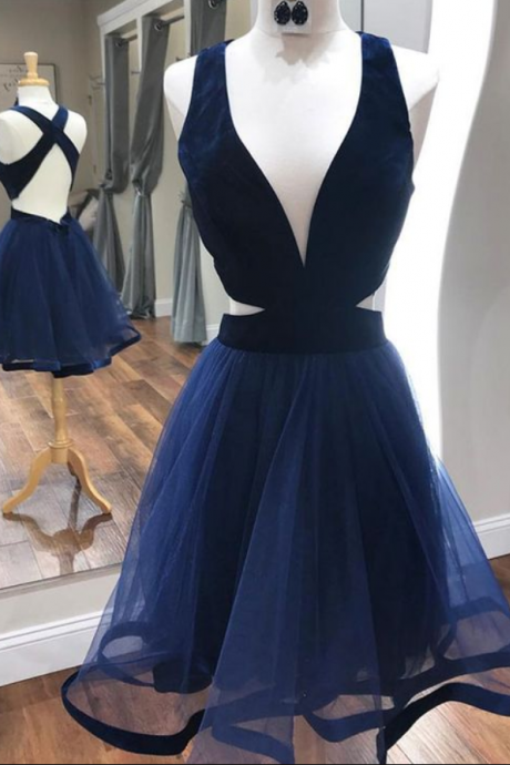 Deep V-neck Sexy Cocktail Dresses With Criss Cross Back A Line Navy Blue Short Homecoming Dress