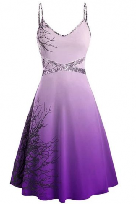 Plus Size Spaghetti Strap Tree Print Sequin Sleeveless V Neck Homecoming Dress