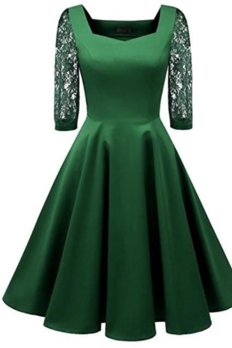 Vintage Lace Sleeve Swing Dress, Green Short Homecoming Dress