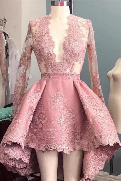 Hi-lo Pink Long Sleeves Homecoming Dresses Sheer Lace Appliques Sexy Deep V-neck Elegant Cocktail Prom Party Dresses