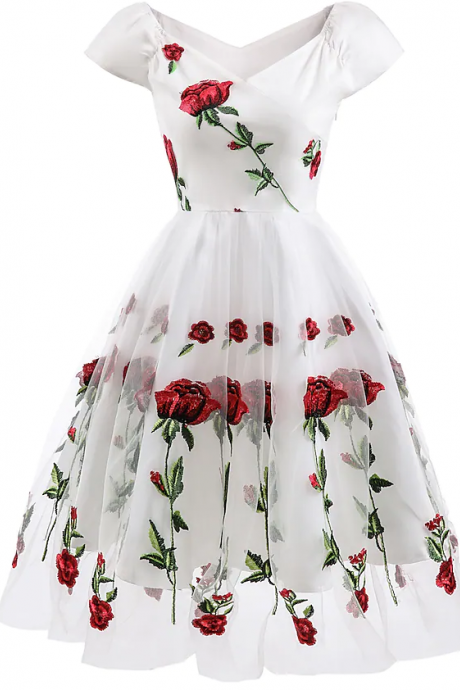A-Line White Floral Holiday Cocktail Party Valentine's Day Dress Off Shoulder Short Sleeve Knee Length Organza Stretch Satin with Embroidery Appliques 