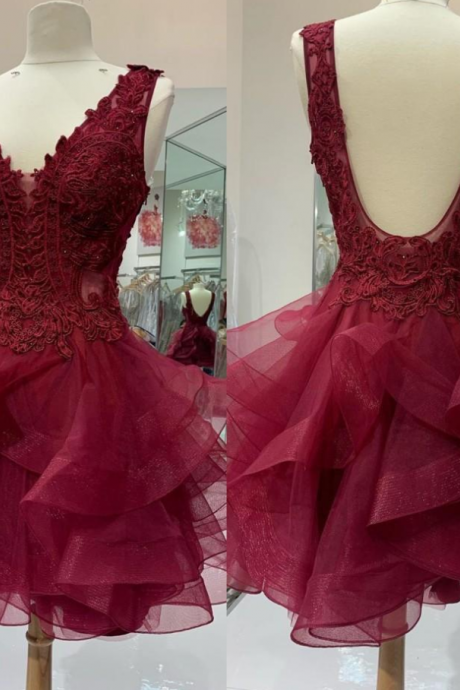 Lace Party Evening Dress Burgundy Tulle Ruffle V-neck Sexy Back Short Prom Homecoming Dress Girls Graduation Dress 5th Grade