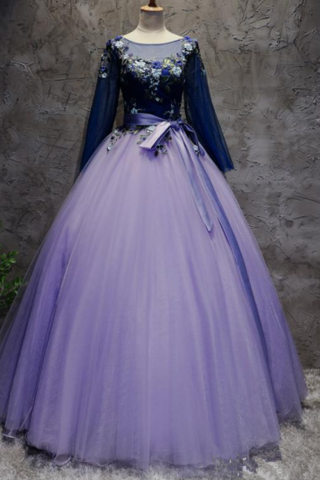 New Backless Purple Long Sleeve Appliques Ball Gown Quinceanera Dresses Lace Up Sweet 16 Dresses Debutante 15 Year Party Dress