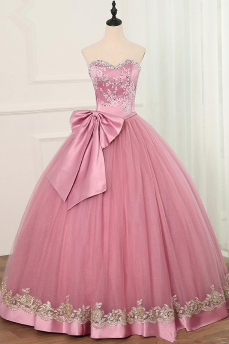 Princess Pink Crystal Appliques Ball Gown Quinceanera Dresses Bow Sequin Sweet 16 Dresses Debutante 15 Year Formal Party Dress
