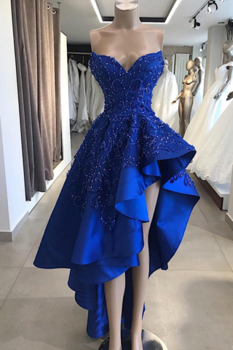 Royal Blue High Low Prom Cocktail Dresses Real Image A Line Beaded Appliques Sweetheart Asymmetrical Long Homcoming Gowns