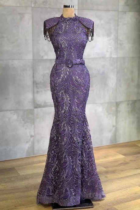  Purple Mermaid Evening Dresses Luxury High Neck Lace Appliqued Prom Gown Vintage Plus Size Arabic Formal Party Gown