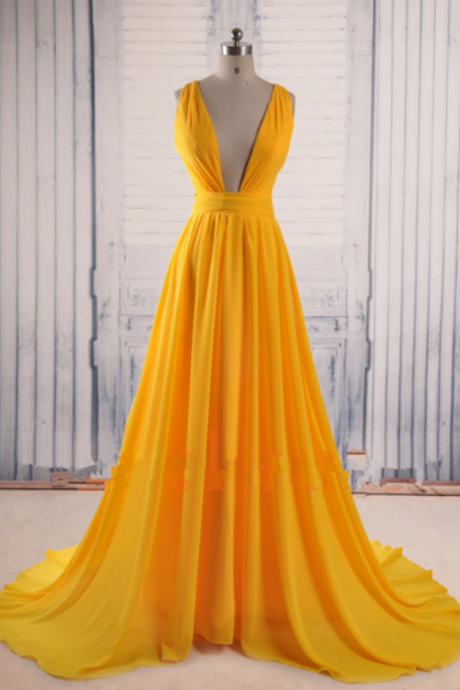 Charming Prom Dress, Sexy Prom Dress, A Line Yellow Chiffon Prom Dress, Long Evening Dress