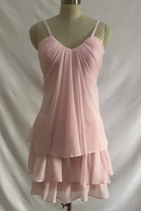 3 Tiers Skirt Spaghetti Straps Empire Waist V Neck Knee Length Pale Pink Chiffon Bridesmaid Dress, Short Prom Dress Homecoming Dress