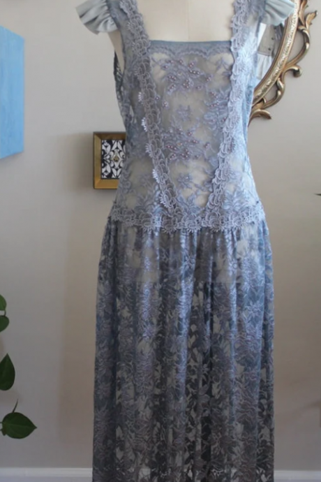Reconstructed / Vintage / Smokey Blue Lace Dress / Scalloped Lace On Back And Hemline / Mori Style / Lagenlook / Shabby Chic