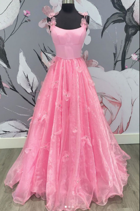 Pink Tulle Applique Long Prom Dress Pink Formal Dress