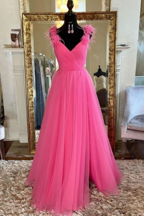 Pink V Neck Tulle Long Prom Dress Pink Tulle Formal Dress
