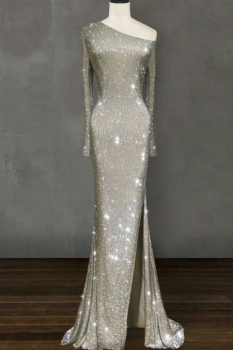 Elegant Silver Split Sexy Prom Dress ， Shiny Prom Dress