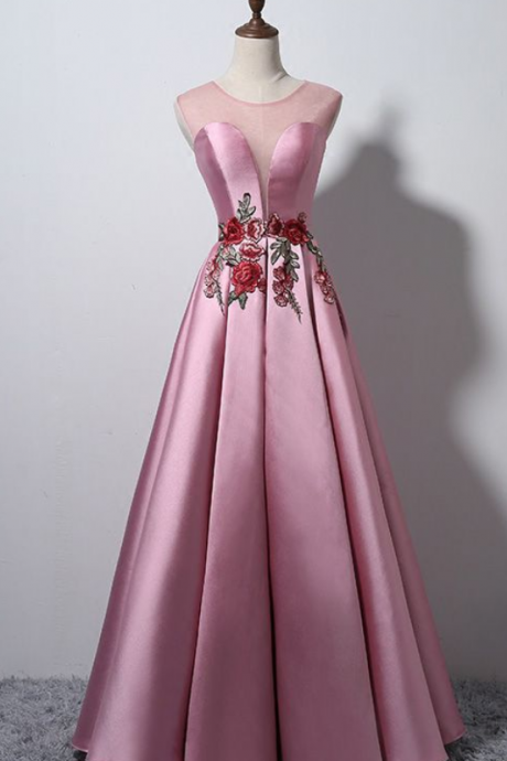 Sleeveless Pink Party Dress A Line Cap Sleeve Prom Dress,satin Evening Dress,floor Length Formal Dress,o Neckline,long Prom Dress