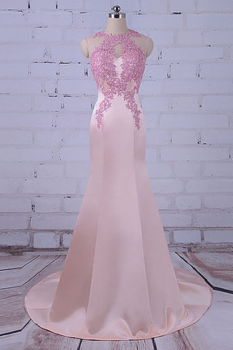 Pink satin long mermaid evening dress, pink lace appliqués customize prom dress