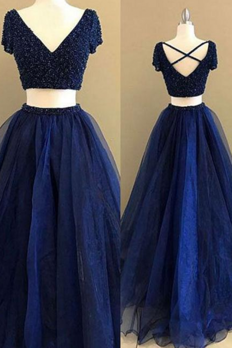 Simple Prom Dresses,New Prom Gown,Vintage Prom Gowns,royal Blue two pieces long prom dress, blue evening dress