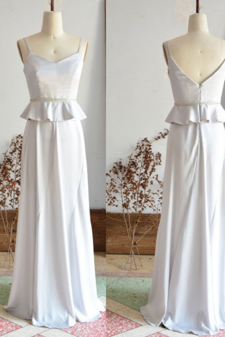 Silver Long Bridesmaid Dress With Bead Belt Custom Weeding Party Dress Spaghetti Strap Women Evening Prom Dress