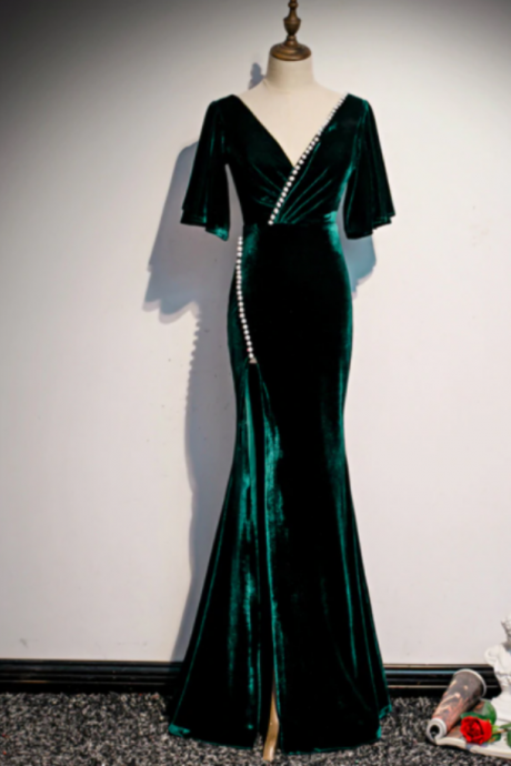 Dark Green Mermaid Velvet Short Sleeve V-neck Prom Dress