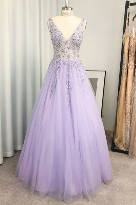 Prom Dresses A-line/princess Tulle Beading V-neck Sleeveless Floor-length Dresses