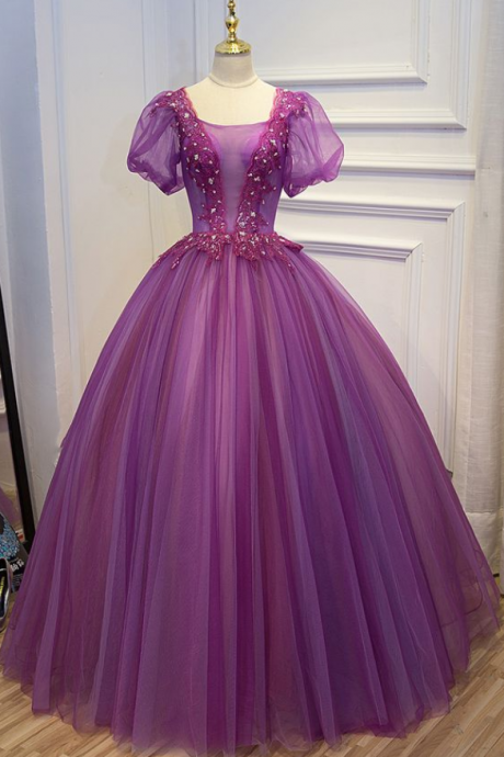 purple beading embroidery lace bubble sleeve ball gown medieval dress,