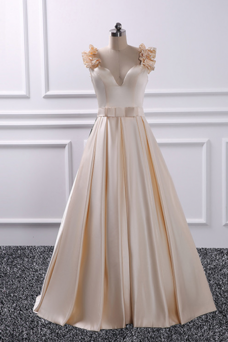 Fashion Satin Floor Length V Neck Champagne Prom Dress ,flower Shoulder Prom Dresses With Belt, Party Dresses, Evening Dresses, Long Prom Dress
