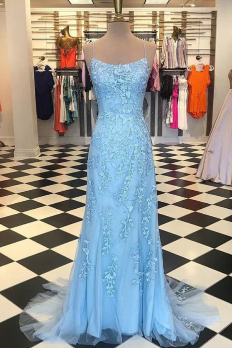 Bule Long Prom Dress With Lace Appliqued Sexy Backless Women Party Gowns ,mermaid Prom Dress, Prom Gowns