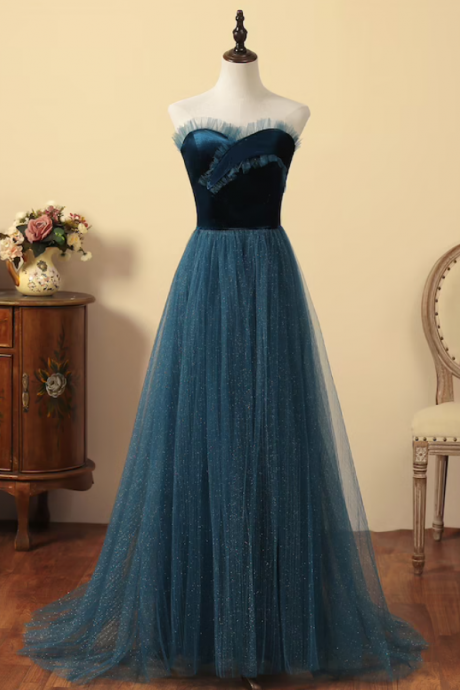 Peacock Blue Prom Dress Sleeveless Bridal Dress Sweetheart Neckline Party Gown Low Back Wedding Dress Sparkling Tulle A-Line Prom Dresses