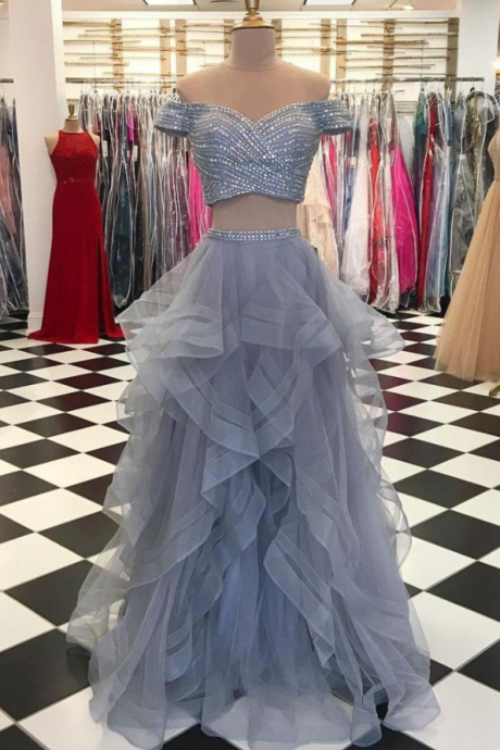 Charming Two Piece Gray Beaded Prom Dress,ruffles Tulle Off Shoulder Evening Gowns