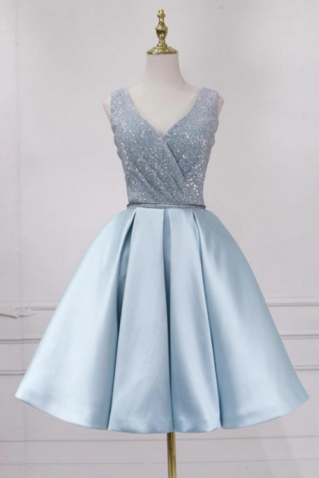 Blue V Neck Sequins Short Prom Dress Blue Evening Dress
