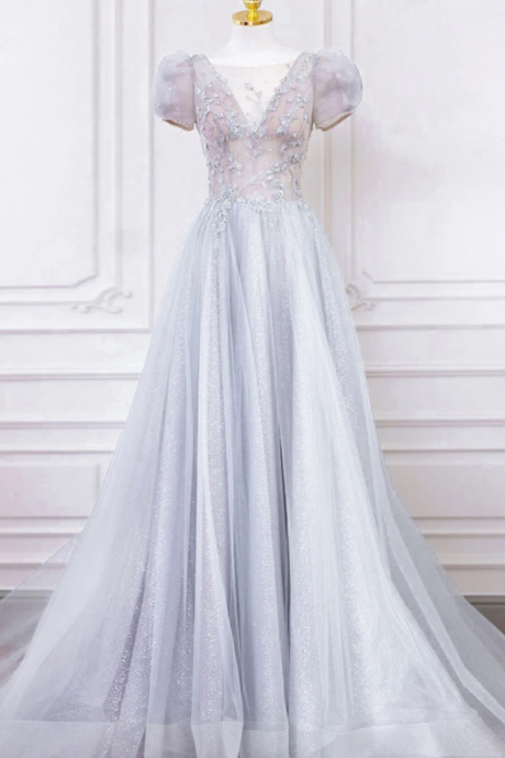 Gray Round Neck Tulle Lace Long Prom Dress, Gray Tulle Evening Dress