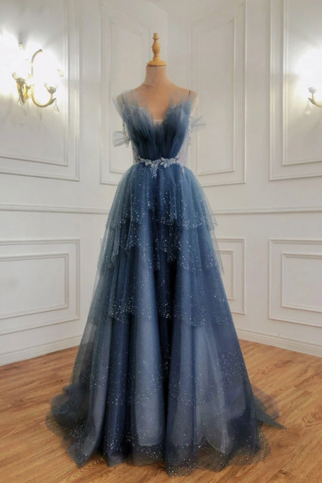 Gray blue tulle beads long prom dress, blue tulle formal dress