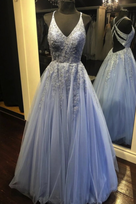 2021 Light Blue Tulle Lace Open Back Long A Line Prom Dress Evening Dresses