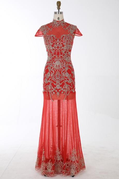 Mermaid High Neck Long Chiffon Cap Sleeves Backless Red Prom Dress With Beading Appliques