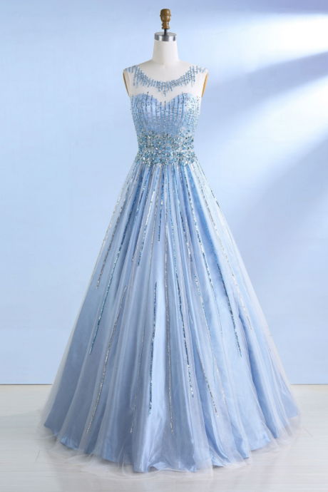 A-Line Bateau Light Sky Blue Tulle Open Back Prom Dress with Beading Sequins