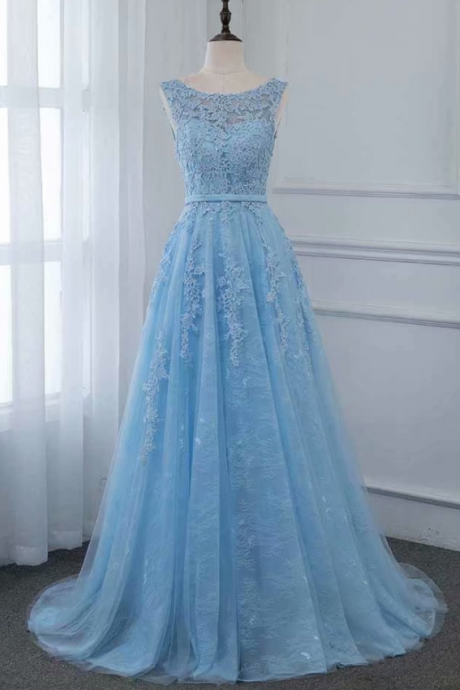 Sexy Blue Backless Evening Dress Pageant Dresses Sheer Neck Fashion Lace Applique Evening Gowns Prom Gowns