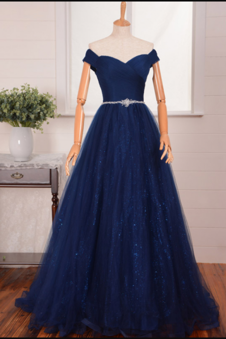 Ruched Tulle Off-The-Shoulder Sweetheart Floor Length Tulle A-Line Prom Dress Featuring Beaded Embellished Belt